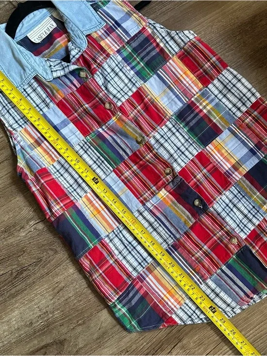 90’sCasey & Max Women's Patchwork Plaid Sleeveless Button Tank with Denim Collar - Picture 7 of 7